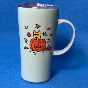 Life is Good "Rocket" Dog Fall Frolicking Covered Travel Mug Stainless Steel